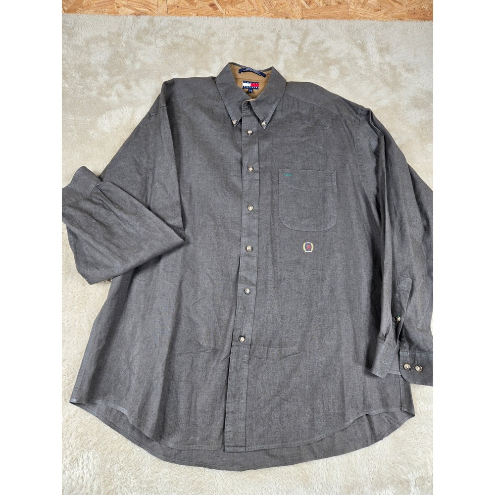Tommy‎ Hilfiger Mens L/G Gray Linen Cotton Button Down Shirt Embroidered Logo